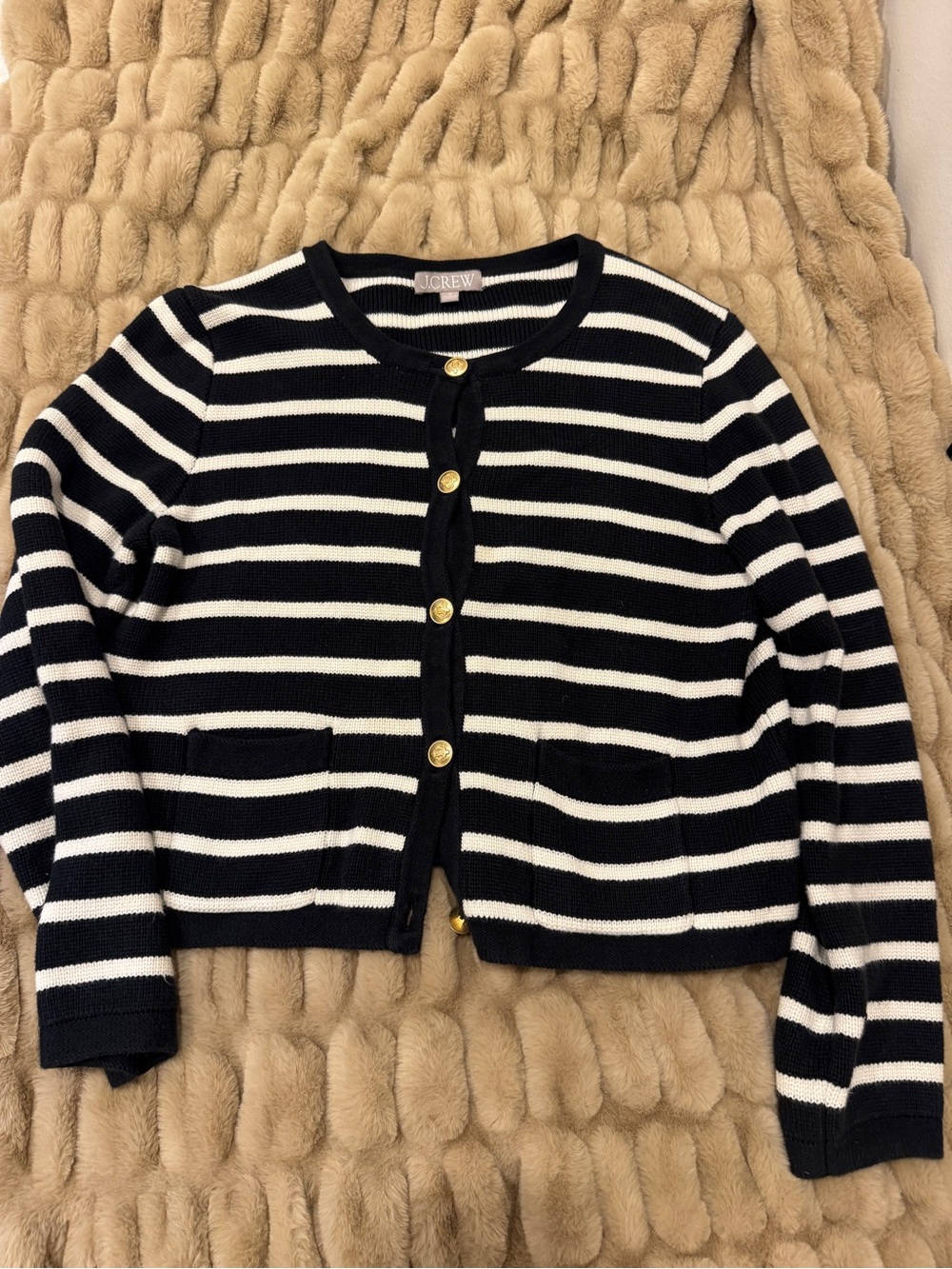 J. Crew Black and White Striped Button-Up Cropped Cardigan